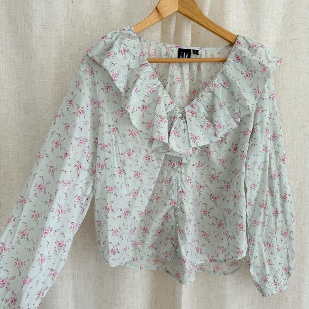 Gap Blouse Women Medium Blue Floral Cotton Ruffle Coquette Romantic Cottagecore - Picture 3 of 11